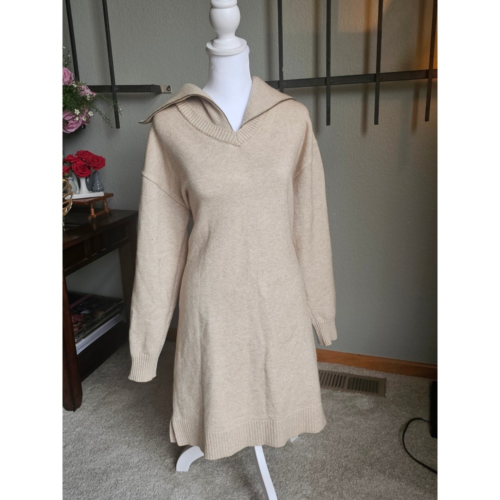 Tristan Women's M Oatmeal Knit Sweater Dress Oversized Convertible Zip Collar